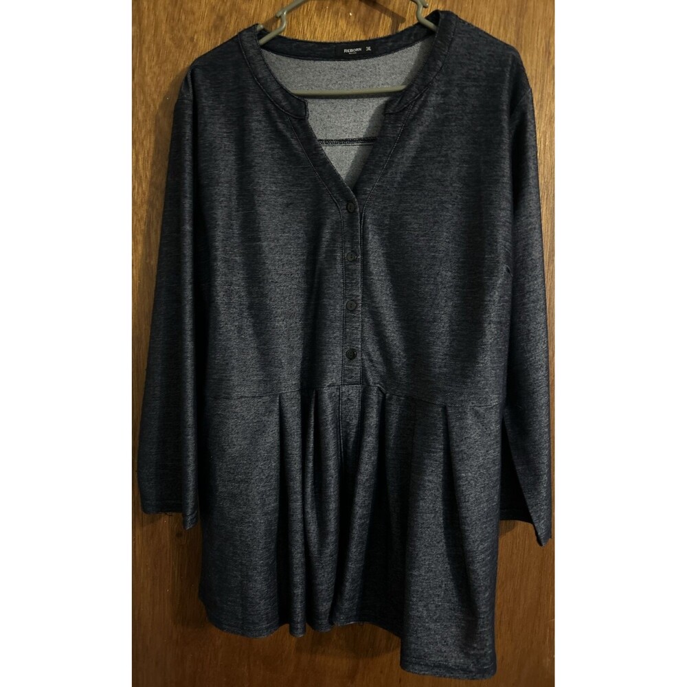 Reborn NY Plus Sz 3XL Dark Blue Denim Look Ruffle Top Tunic Shirt 1/2 Button